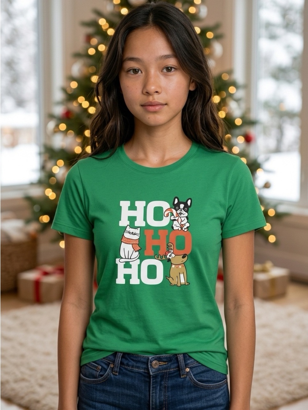 EUC Unisex Green Short Sleeve Graphic T-Shirt HO HO HO Holiday Christmas- M
